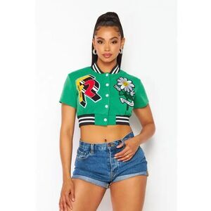 Daisy green varsity cropped jacket with patches M